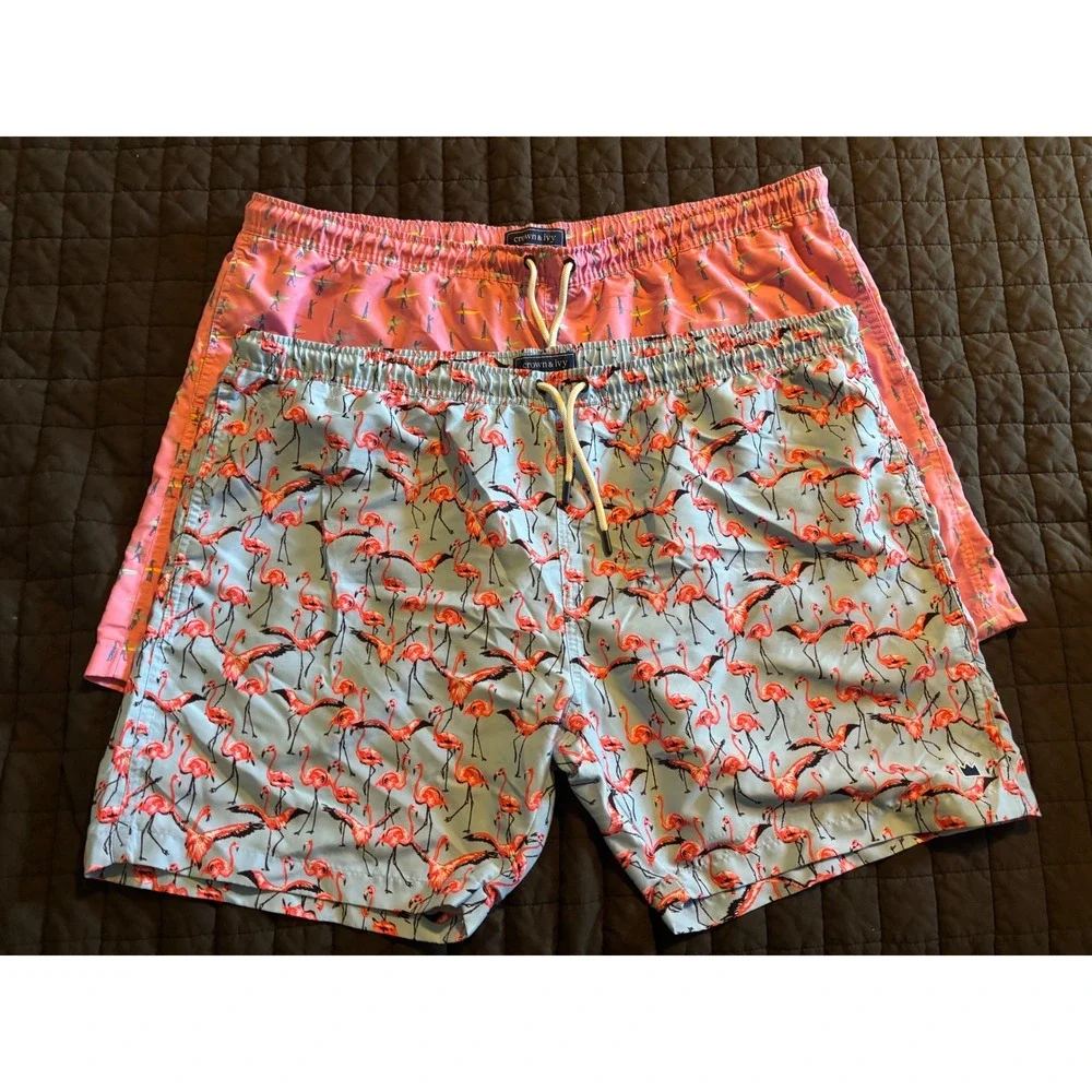 Crown & Ivy Mens XXL Swim Trunks Bundle Flamingo Surfer Pink Blue 2 Pack‎